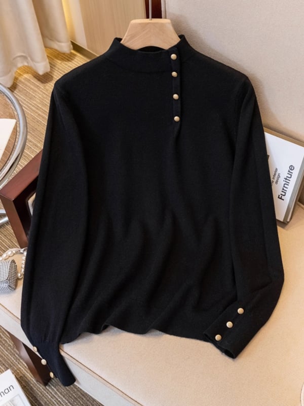 Ženski crni pleteni džemper s mock-neck ovratnikom, za proljeće, plus veličina, pogodna za nošenje samostalno ili kao slojevita odjeća.