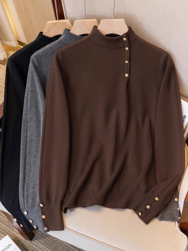 Ženski crni pleteni džemper s mock-neck ovratnikom, za proljeće, plus veličina, pogodna za nošenje samostalno ili kao slojevita odjeća.