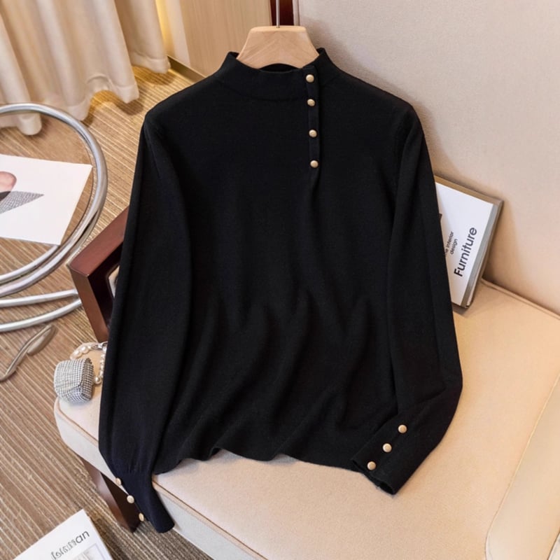 Ženski crni pleteni džemper s mock-neck ovratnikom, za proljeće, plus veličina, pogodna za nošenje samostalno ili kao slojevita odjeća.