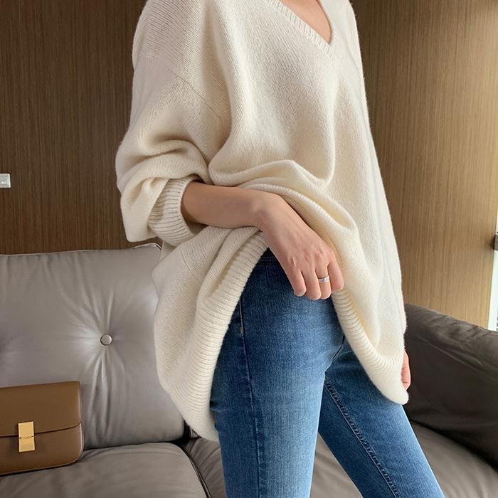Ženski pleteni džemper s V-izrezom u obliku srca, plus size, srednja duljina, ležerni stil, gornji dio za jesen-zimu.