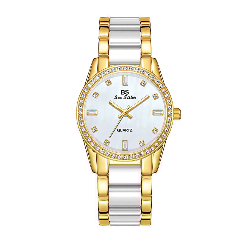 Női kerámia kvarcóra - kör alakú számlap, kerámia szíj, osztrák kristályok, 30 m vízállóság