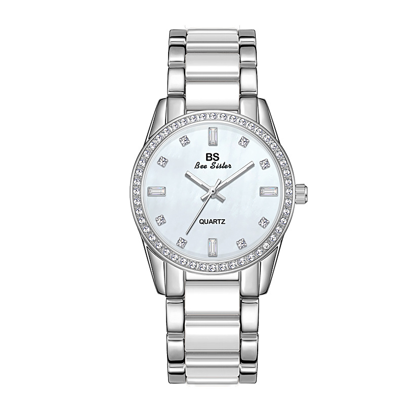 Női kerámia kvarcóra - kör alakú számlap, kerámia szíj, osztrák kristályok, 30 m vízállóság