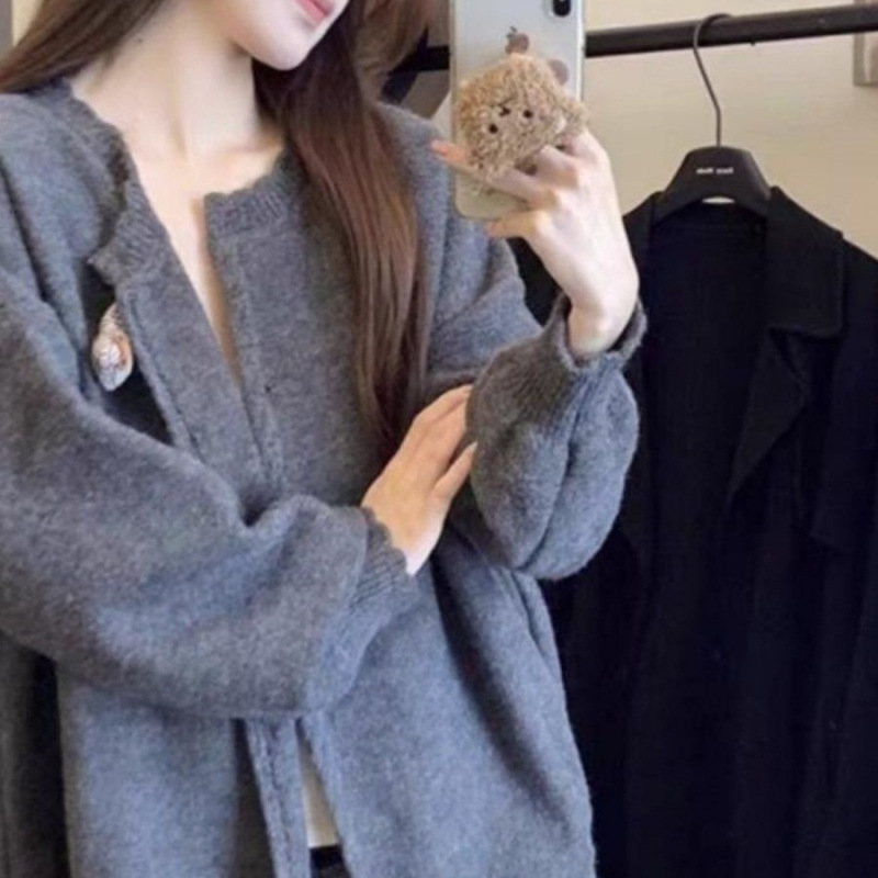 Ženski oversize pleteni kardigan s čipkom za jesen i zimu, jednostavan japanski nadahnut dizajn, udoban za nošenje