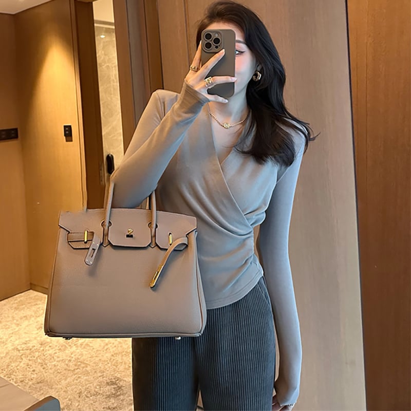 Ženski pleteni top s polo ovratnikom, dugi rukavi, gusta pletenina, mješavina ovčje vune i spandeksa, slim fit