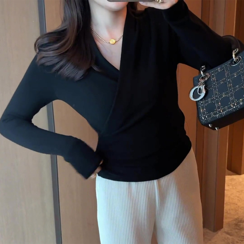 Ženski pleteni top s polo ovratnikom, dugi rukavi, gusta pletenina, mješavina ovčje vune i spandeksa, slim fit