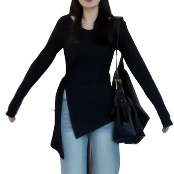 Slim-fit gornji dio s dugim rukavima od pletenog spandeksa, jednobojni uzorak, U-izrez, standardna duljina