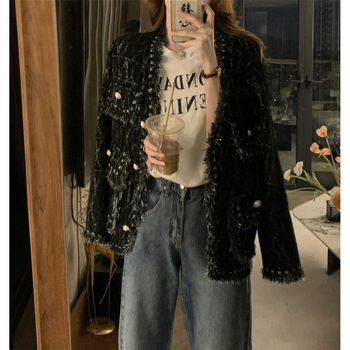 Plus-size kardigan s dugim rukavima i V-izrezom, resice u tweed stilu za žene