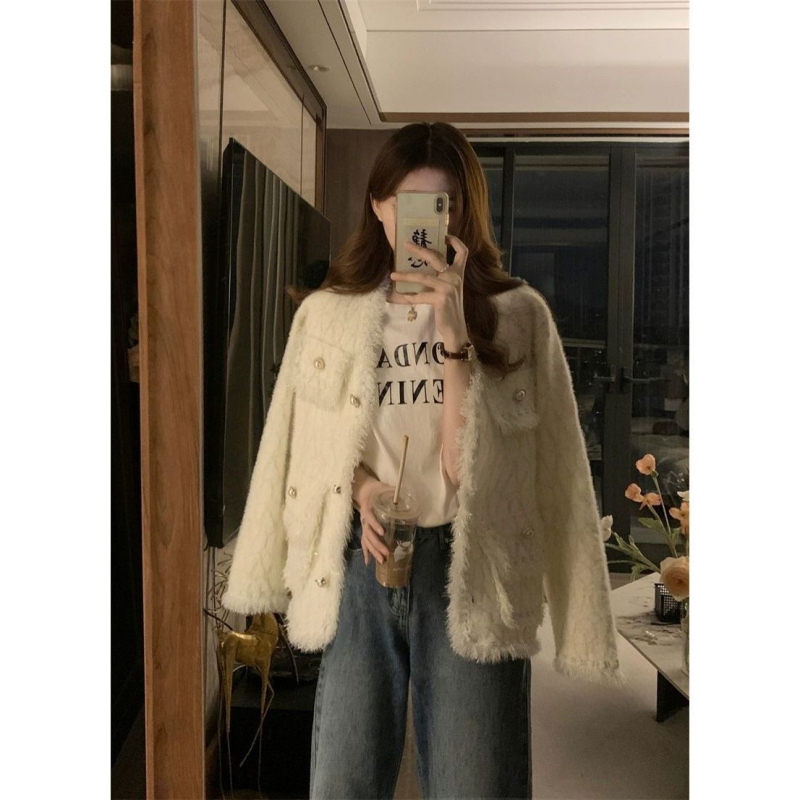 Plus-size kardigan s dugim rukavima i V-izrezom, resice u tweed stilu za žene
