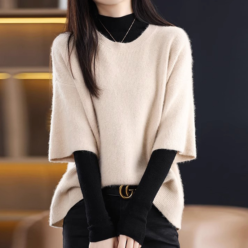 Γυναικείος φαρδιάς πλεκτός πουλόβερ από μείγμα μαλλιού-πολυεστέρα, μισό μανίκι, χωρίς γιακά, pull-over, μεσαίας βαρύτητας