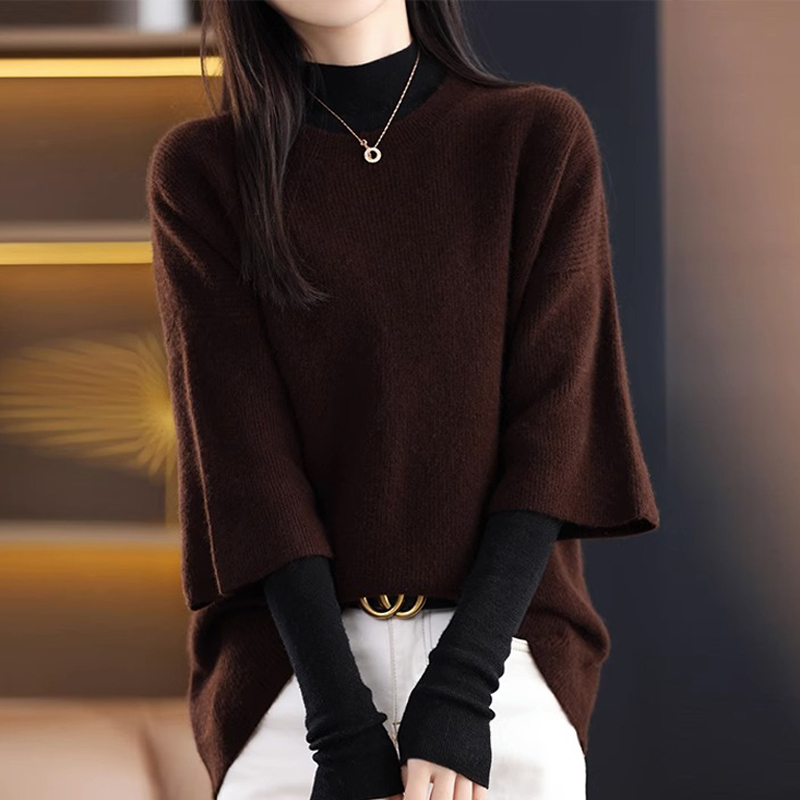 Γυναικείος φαρδιάς πλεκτός πουλόβερ από μείγμα μαλλιού-πολυεστέρα, μισό μανίκι, χωρίς γιακά, pull-over, μεσαίας βαρύτητας