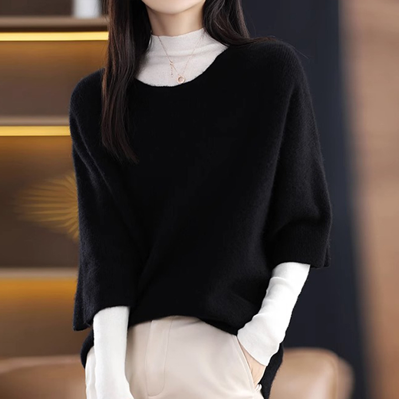 Γυναικείος φαρδιάς πλεκτός πουλόβερ από μείγμα μαλλιού-πολυεστέρα, μισό μανίκι, χωρίς γιακά, pull-over, μεσαίας βαρύτητας