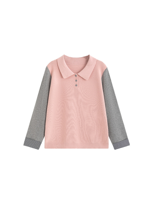 Pleten pulover s polo ovratnikom, dugim rukavima, uzorak color-block, velur pletenina, mješavina poliester-viskoze
