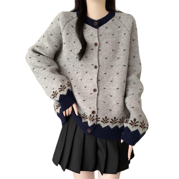 Chenille kardigan ar jacquard rakstu un pogām, apaļš kakls, Spandex maisījums, sieviešu adīts tops, pavasaris 2025