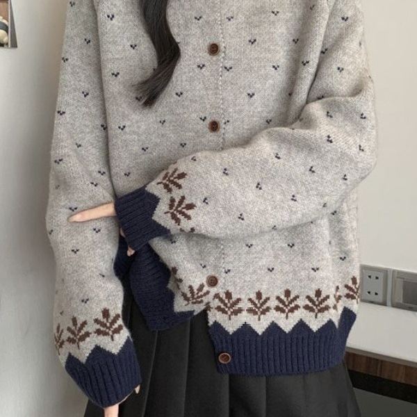 Chenille kardigan ar jacquard rakstu un pogām, apaļš kakls, Spandex maisījums, sieviešu adīts tops, pavasaris 2025