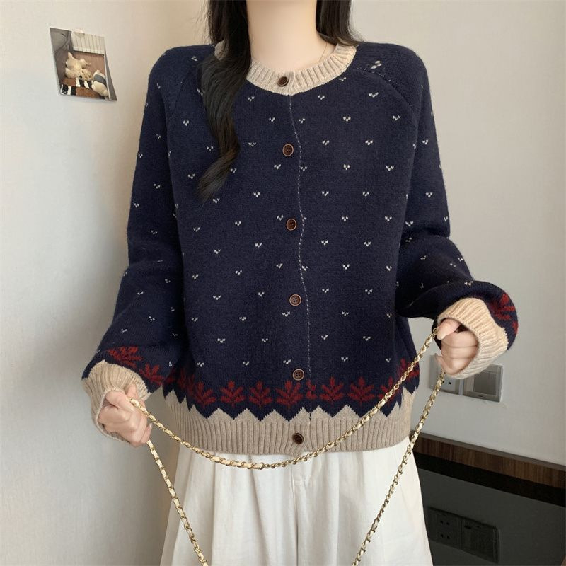 Chenille kardigan ar jacquard rakstu un pogām, apaļš kakls, Spandex maisījums, sieviešu adīts tops, pavasaris 2025