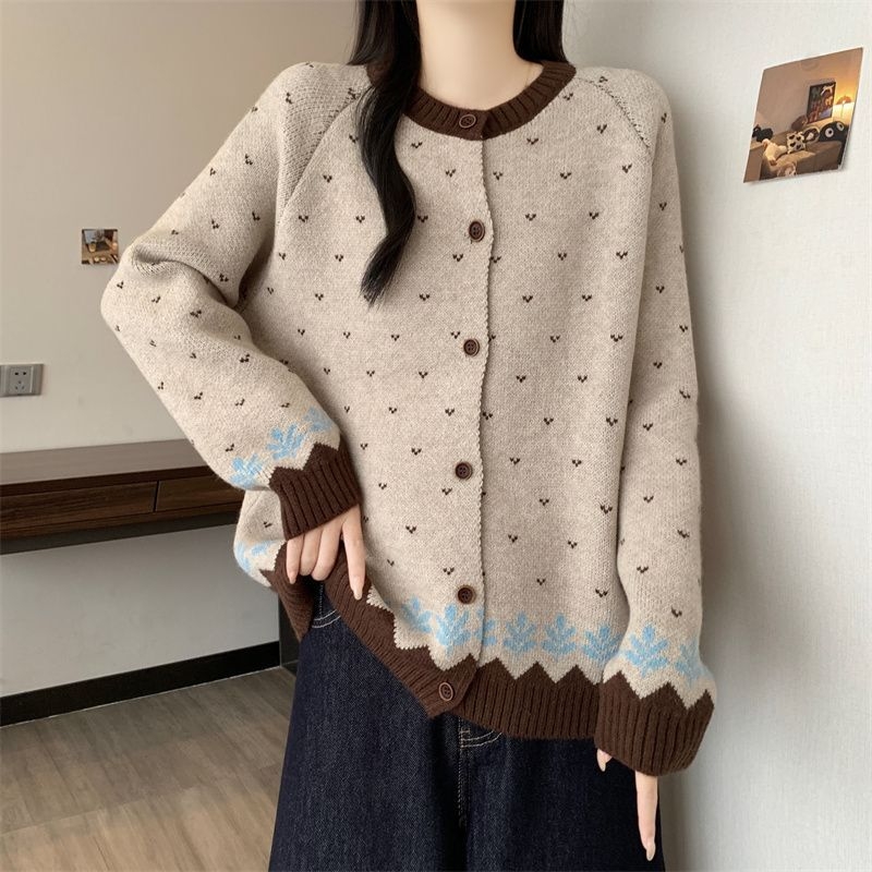 Chenille kardigan ar jacquard rakstu un pogām, apaļš kakls, Spandex maisījums, sieviešu adīts tops, pavasaris 2025