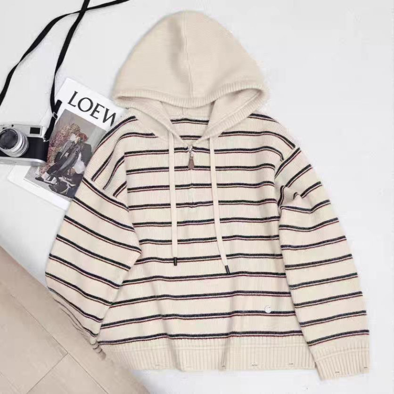 Prúžkovaný kapucňový pletený kardigán — nylon, 70–80% polyester, dlhé rukávy, okrúhly výstrih