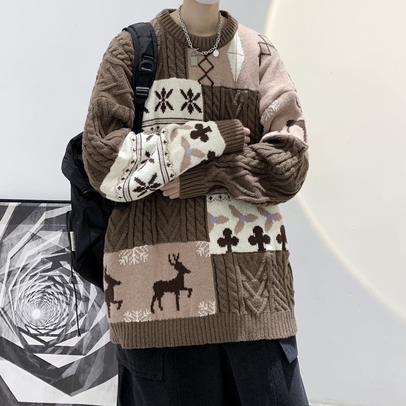 Pánsky pletený sveter na jeseň-zimu s patchwork panelmi, kruhový výstrih, dlhé rukávy, voľný strih, zmes bavlny a polyesteru (78% polyesteru)