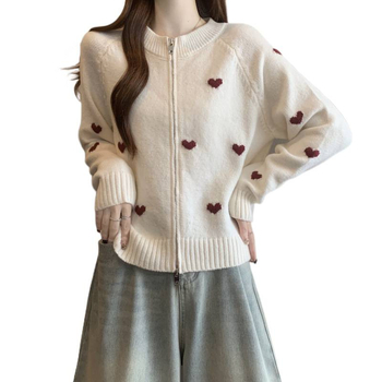 Sieviešu kardigans ar sirds izšuvumu, rāvējslēdzējs, adīts poliesters, vidēja biezuma, garas piedurknes