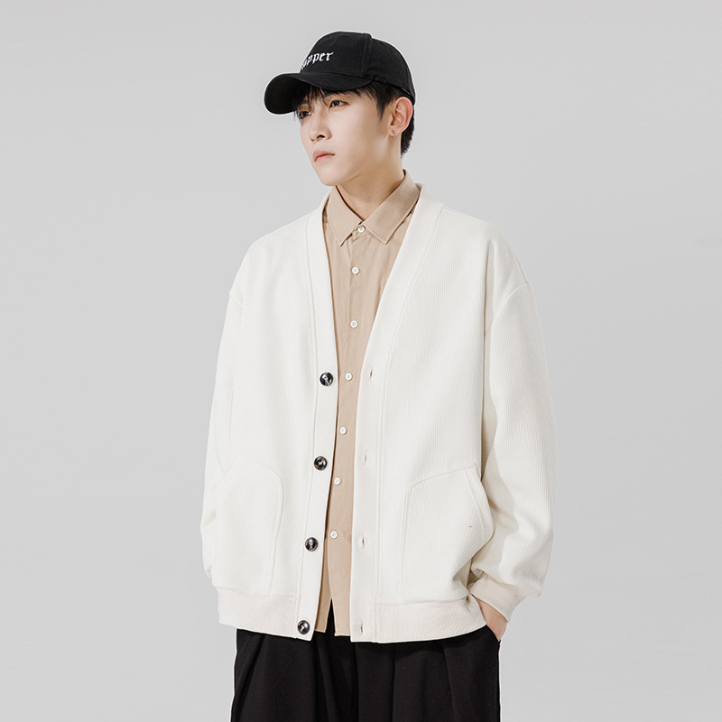 Pánsky kardigán v korejskom štýle, voľný strih, V-výstrih, dlhé rukávy, 100% polyester, na jar a jeseň