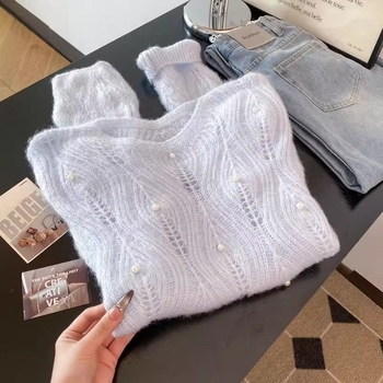 женски Chenille пуловер с мъниста, ажурно плетиво с отвори, качулка, кръгло деколте, ръкави стил принцеса, спандекс до 30%