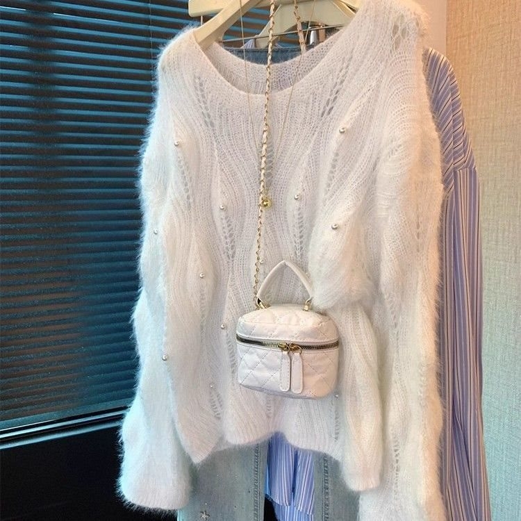 женски Chenille пуловер с мъниста, ажурно плетиво с отвори, качулка, кръгло деколте, ръкави стил принцеса, спандекс до 30%