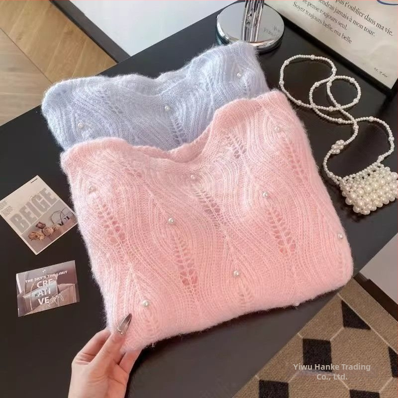 Dámsky chenille sveter s korálkami, vyrezávaný pletený vzor, kapucňa, okrúhly výstrih, rukávy v štýle princeznej, Spandex do 30%