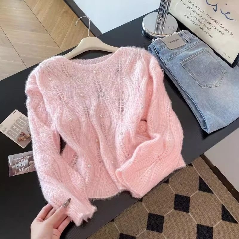 женски Chenille пуловер с мъниста, ажурно плетиво с отвори, качулка, кръгло деколте, ръкави стил принцеса, спандекс до 30%