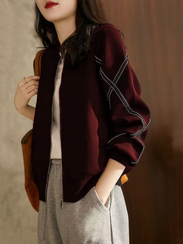 Sieviešu beisbola jaka ar rāvējslēdzēju, stāv apkakle, poliesters, garas piedurknes, brīvs piegriezums