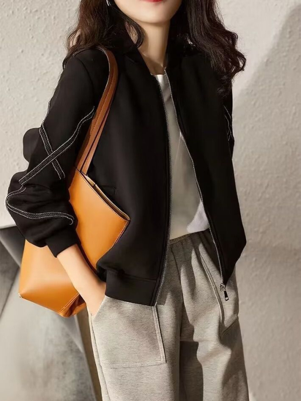 Sieviešu beisbola jaka ar rāvējslēdzēju, stāv apkakle, poliesters, garas piedurknes, brīvs piegriezums