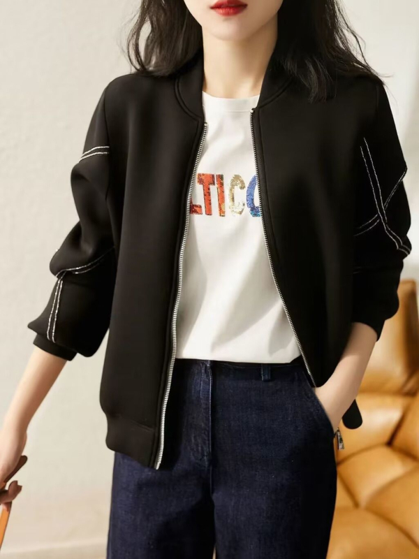 Sieviešu beisbola jaka ar rāvējslēdzēju, stāv apkakle, poliesters, garas piedurknes, brīvs piegriezums