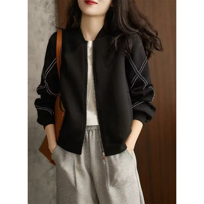 Sieviešu beisbola jaka ar rāvējslēdzēju, stāv apkakle, poliesters, garas piedurknes, brīvs piegriezums