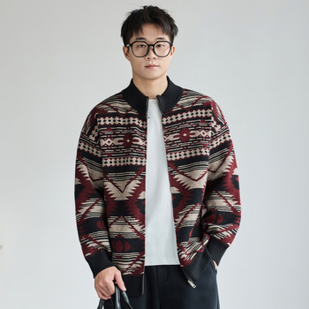 Etno štýlový jacquardový cardigan so zipsom, stojačím golierom, mužom voľný strih