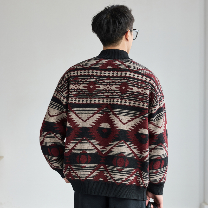 Etno štýlový jacquardový cardigan so zipsom, stojačím golierom, mužom voľný strih