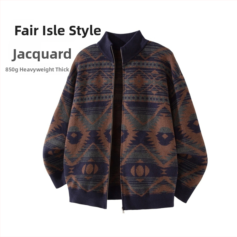 Etno štýlový jacquardový cardigan so zipsom, stojačím golierom, mužom voľný strih