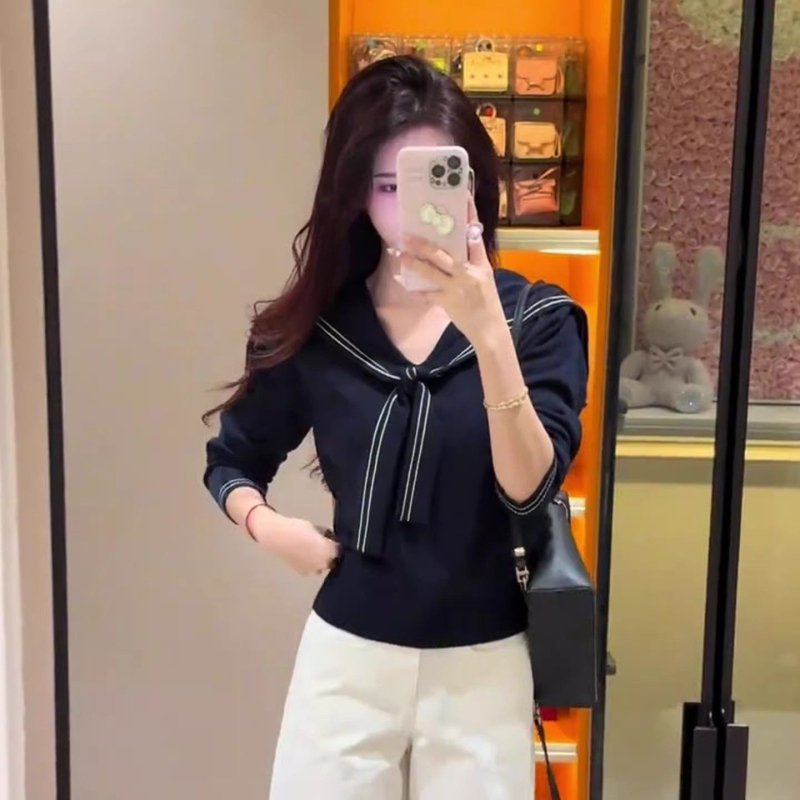 Ženski pleten sveter s golierom v korejskom preppy štýle — dlhé rukávy, úzky strih, polyester