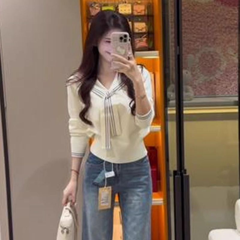 Ženski pleten sveter s golierom v korejskom preppy štýle — dlhé rukávy, úzky strih, polyester