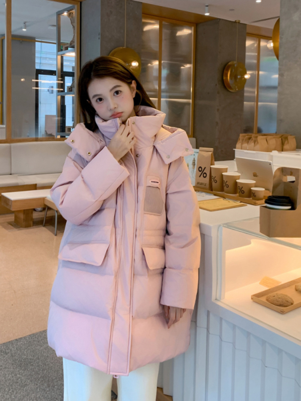 Női kapucnis pufi kabát, hosszú, laza szabás, 101–200 g fehér kacsa tolltöltet, poliészter anyag