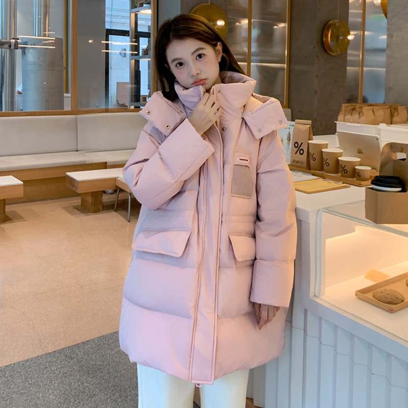 Női kapucnis pufi kabát, hosszú, laza szabás, 101–200 g fehér kacsa tolltöltet, poliészter anyag