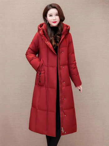 Palto do koljena s punom puf-pamuka, kapuljača, zatvarač na prednjem delu, debela izolacija, poliester tkanina