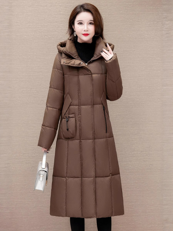 Palto do koljena s punom puf-pamuka, kapuljača, zatvarač na prednjem delu, debela izolacija, poliester tkanina