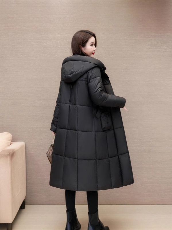 Palto do koljena s punom puf-pamuka, kapuljača, zatvarač na prednjem delu, debela izolacija, poliester tkanina