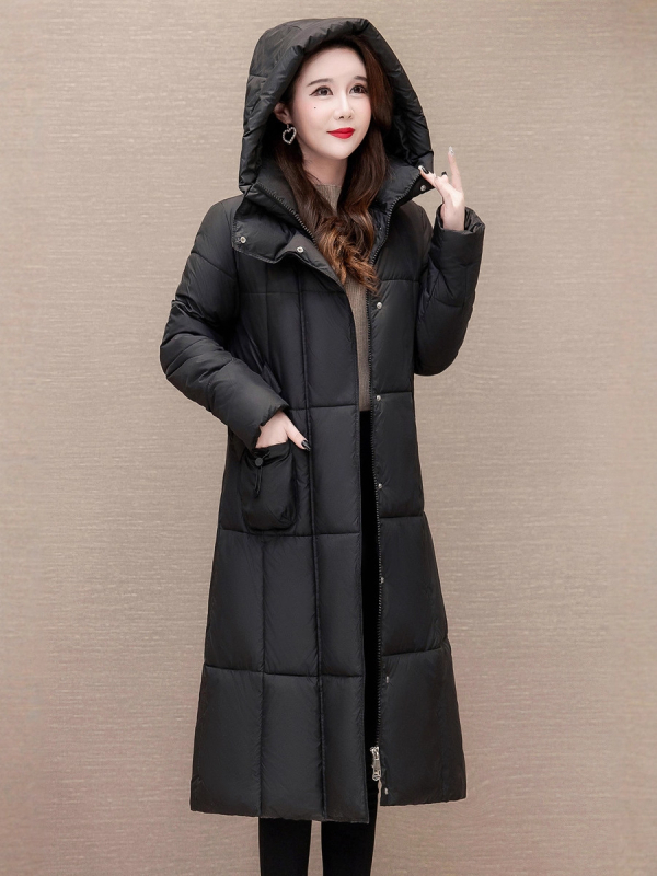 Palto do koljena s punom puf-pamuka, kapuljača, zatvarač na prednjem delu, debela izolacija, poliester tkanina