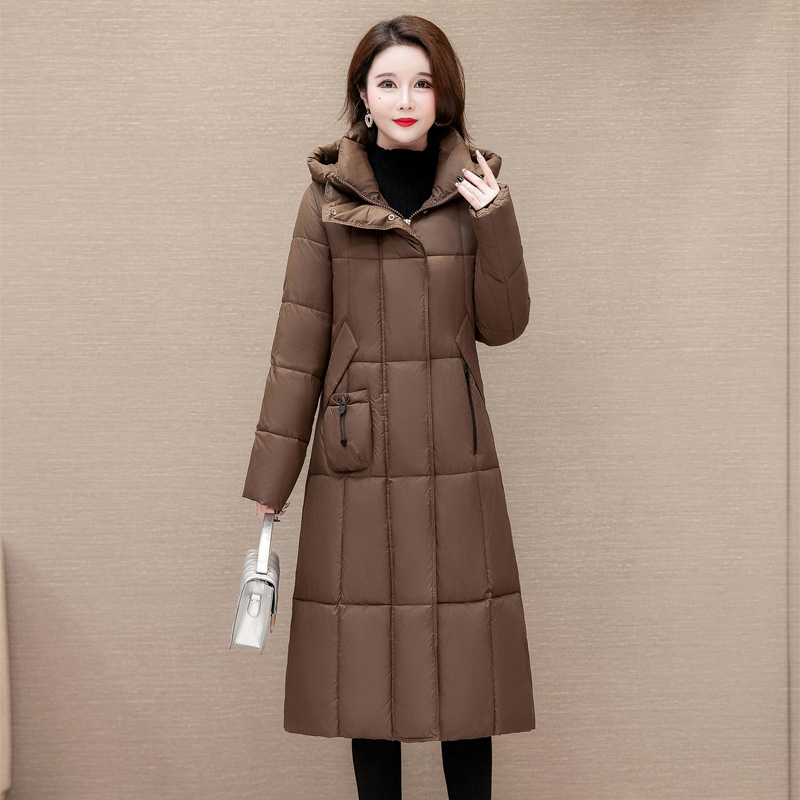 Palto do koljena s punom puf-pamuka, kapuljača, zatvarač na prednjem delu, debela izolacija, poliester tkanina