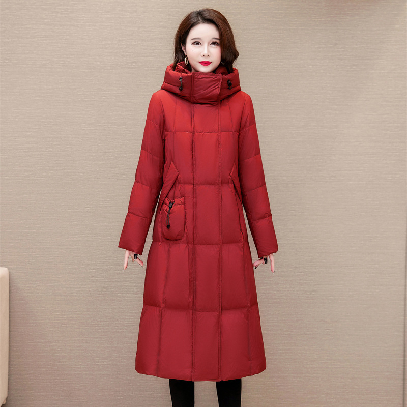 Palto do koljena s punom puf-pamuka, kapuljača, zatvarač na prednjem delu, debela izolacija, poliester tkanina