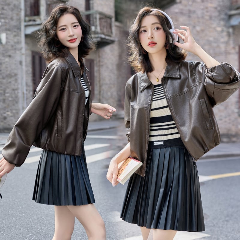 Női báránybőr bőrdzseki, motorkerékpár-stílus – lazán szabott, cipzáras záródás, hosszú ujjú, galléros