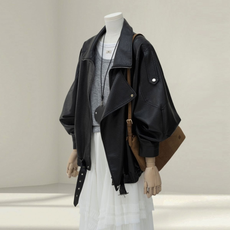 Női műbőr kabát, polo gallér, ujjatlan, 2025 tavasz