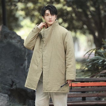 Muški kardigan u kineskom stilu s pamukovim punjenjem, stojeći ovratnik, jednodijelno kopčanje, srednja duljina