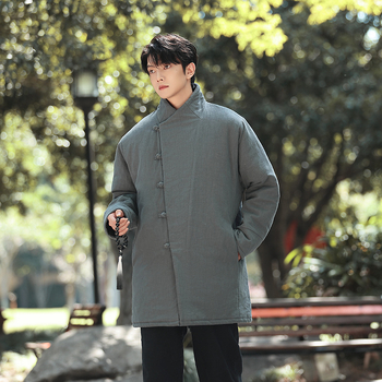 Muški kardigan u kineskom stilu s pamukovim punjenjem, stojeći ovratnik, jednodijelno kopčanje, srednja duljina