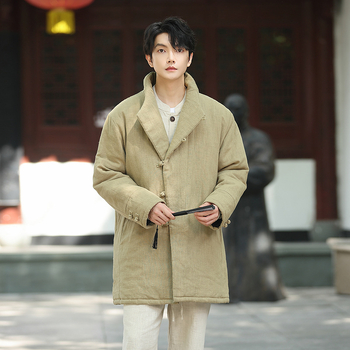 Muški kardigan u kineskom stilu s pamukovim punjenjem, stojeći ovratnik, jednodijelno kopčanje, srednja duljina